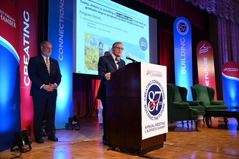 West Virginia University President Gordon Gee accepts a $4 million gift from Antero Resources and Antero Midstream announced Thursday, Aug. 31, at the West Virginia Chamber of Commerce Annual Meeting and Business Summit. (Photo courtesy of Kaylin Jorge)