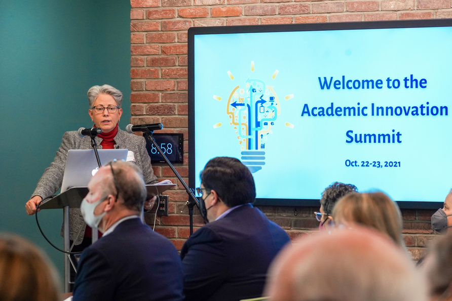 Frankie Tack, clinical assistant professor and addiction studies minor coordinator at the West Virginia University College of Education and Human Services, addresses attendees at West Virginia University’s inaugural Academic Innovation Summit.