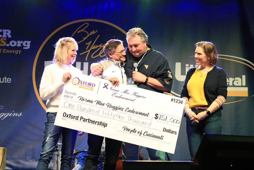 Linda and Pete Zulia (from left) present a donation to WVU Men’s Basketball Coach Bob Huggins and WVU Cancer Institute Director Hannah Hazard-Jenkins at the 2020 Bob Huggins Fish Fry. 