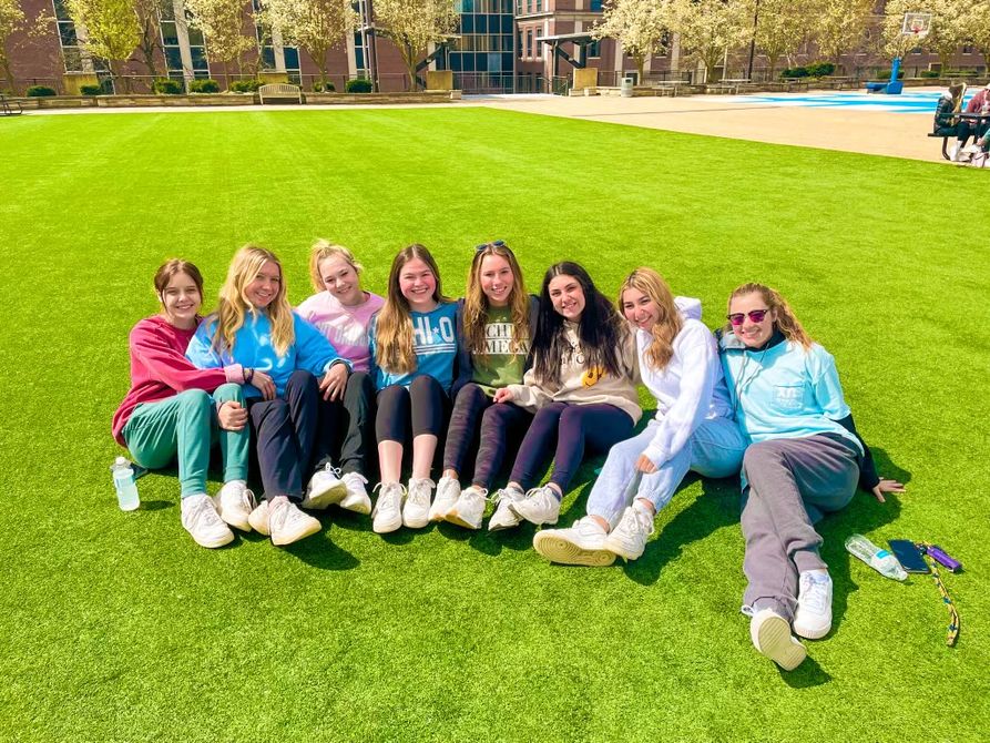 WVU Chi Omega sorority members Mikayla Meadows, Hattie Hall, Claire Gieseman, Mackenzie Zimmerman, Ellie Jacquet, Alexa Greco, Emily Coram and Maggie Peasak participated in a spring fundraiser to support the Healthy Minds University program.