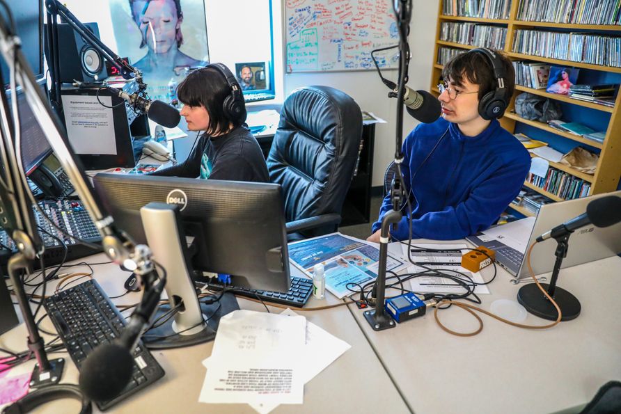 A crowdfunding pledge drive by U92 The Moose utilized services from the WVU Foundation and the on-air talent of student broadcasters like Sophie Northup (left) and Mason Lee to raise valuable funds for the WVU college radio station.