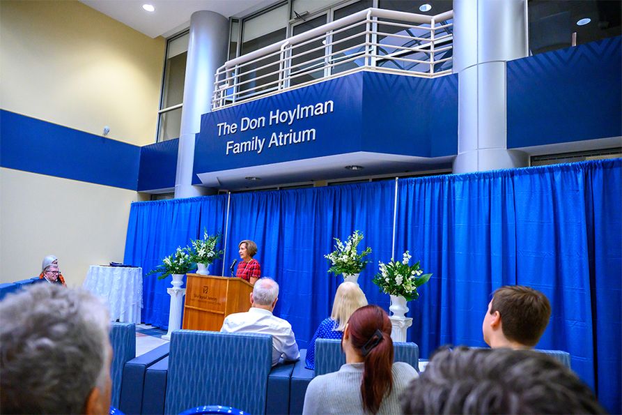 Donna Hoylman Peduto speaks at the dedication of the Don Hoylman Family Atrium.