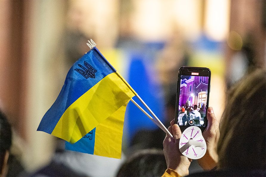 The Morgantown Ukrainian Community holds a candlelight vigil on the steps of Woodburn Circle, March 7, 2022.