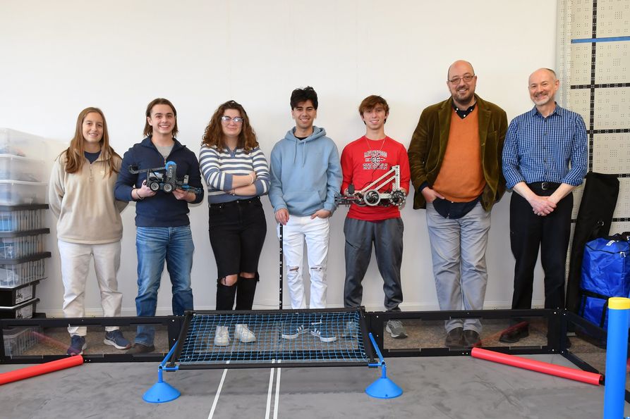 The 2023-’24 WVU Tech robotics team members (from left) Sofia Filgueira, Ryland Luikart, Kayla Granger, Alexander Franck and Cade Curfman pose with faculty members (from left) Charan Litchfield and Bernhard Bettig.