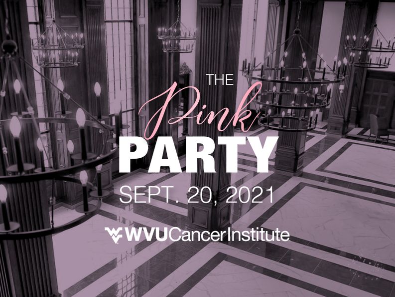 Members of the Bobby Nicholas Band (descending, from top), emcee Lauren Boczek and WVU President E. Gordon Gee participate in the 2021 Pink Party.