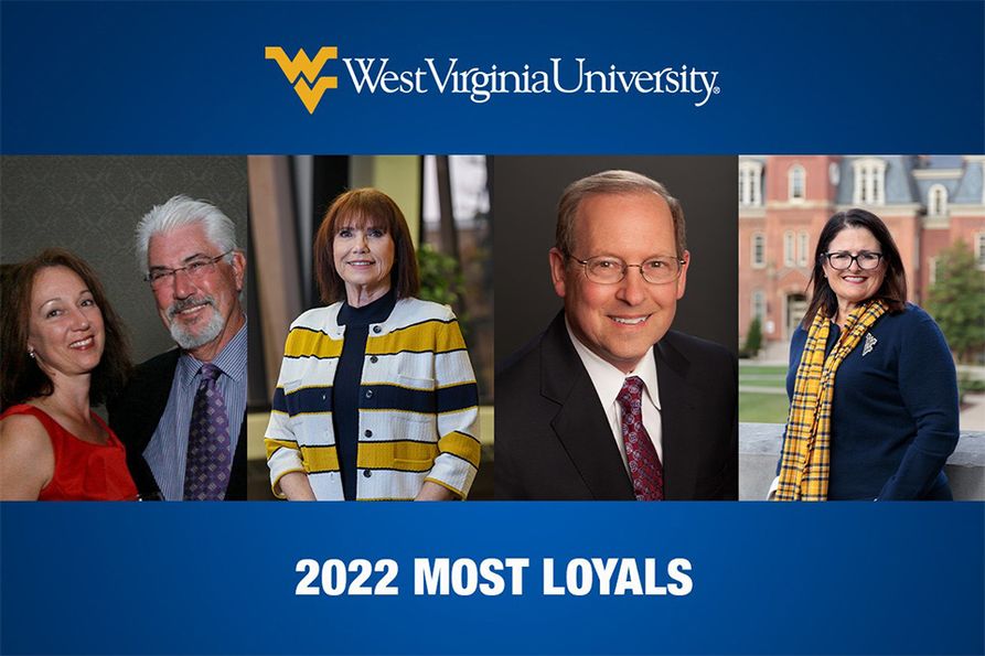 2022 Most Loyals (L-R): Harvey and Jennifer Peyton, Most Loyal West Virginians; Lloyd Jackson, Most Loyal Alumni; Jennifer Williams, Most Loyal Faculty/Professional Staff; and Cathy Martin, Most Loyal Staff Mountaineer. 
