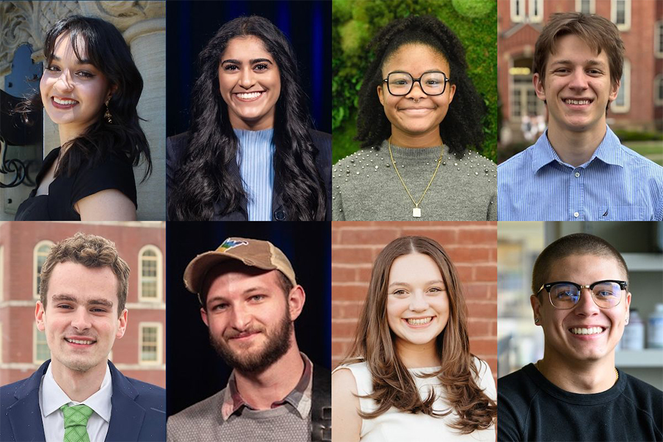 The 2025 WVU Order of Augusta honorees are (clockwise from top left) Suraya Boggs, Laasya Chennuru, Gabrielle Frazier, Luke Hawranick, Christopher Smith, Mary Roush, Isaac McCarthy and Charlie Long. 